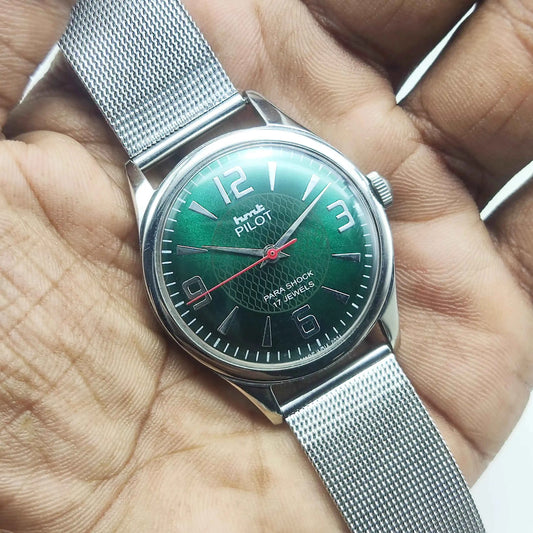 HMT Pilot Green Dial Men's Watch - 17 Jewels Handwinding with Numerals Indices