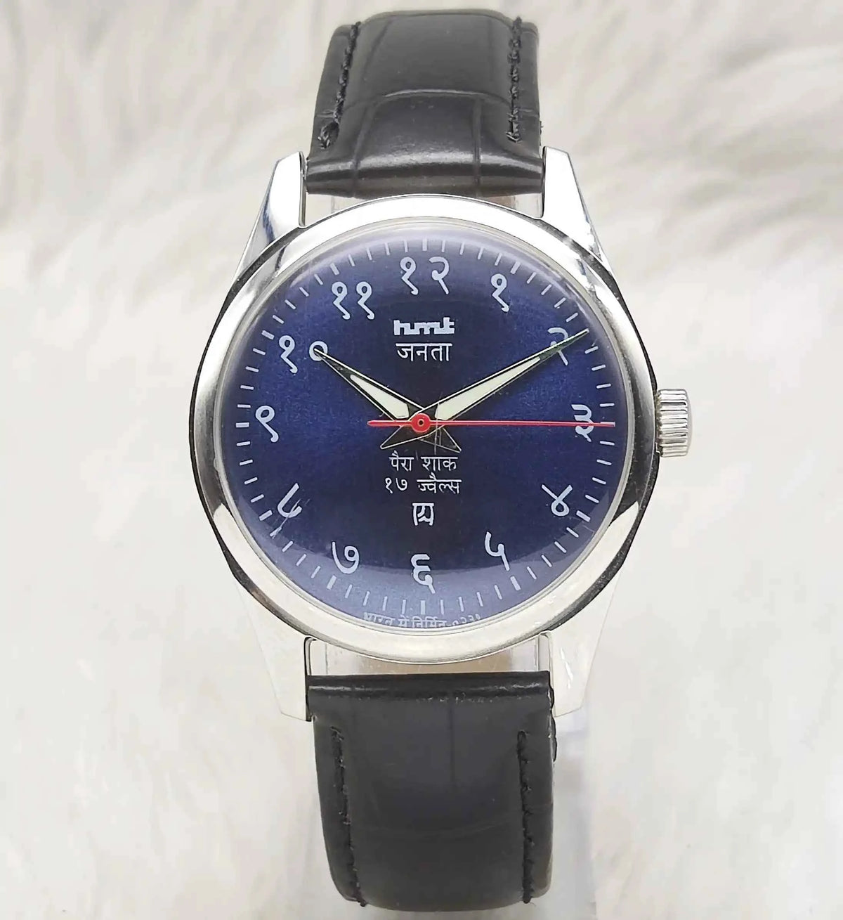 HMT Janata Devanagari Font Watch - Handwinding 17 Jewels, Para Shock, Blue Dial, Men's Watch with Transparent Back