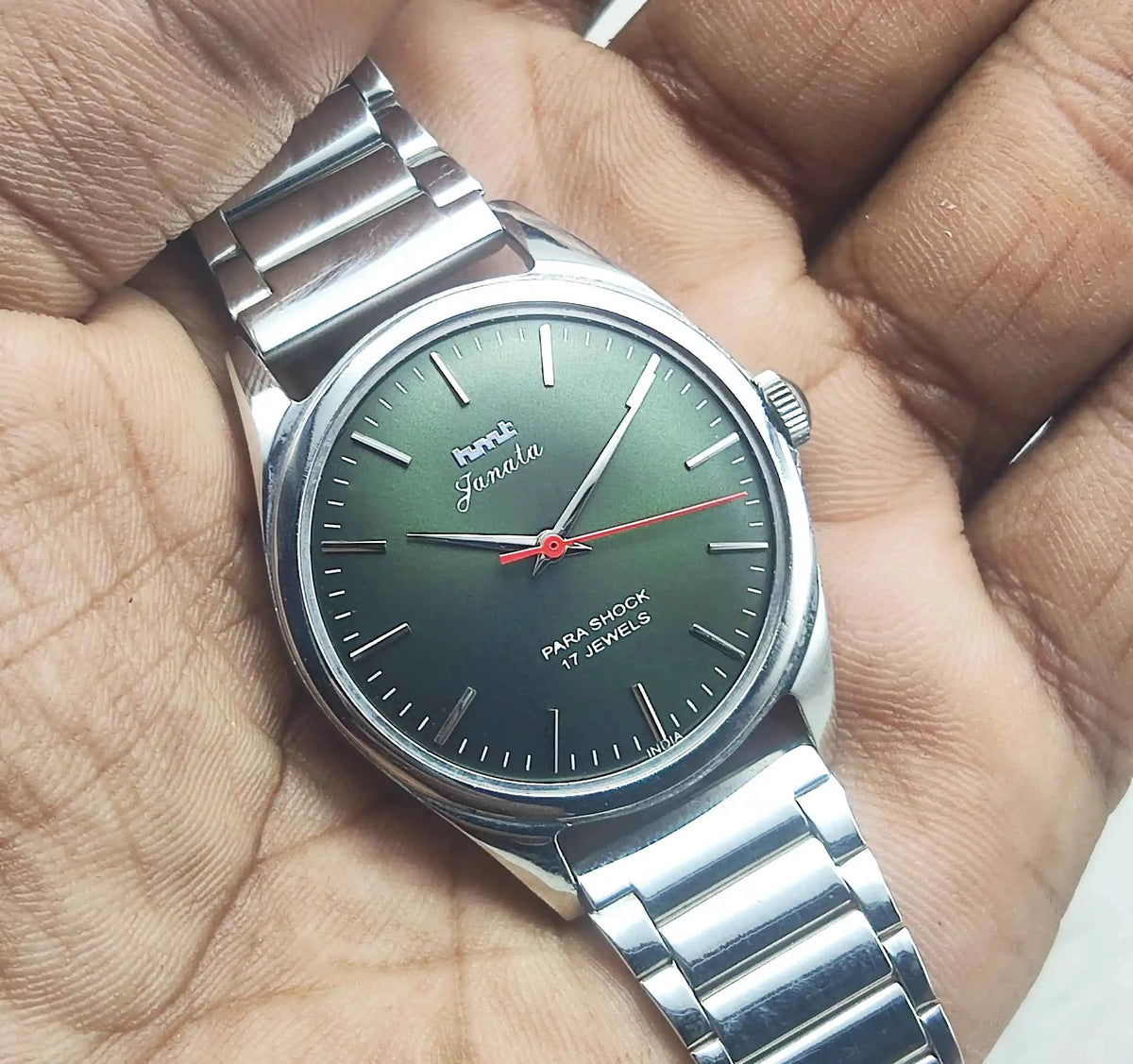 HMT Janata Green Dial Watch with Stick Indices and 17 Jewels, Handwinding Men's Timepiece