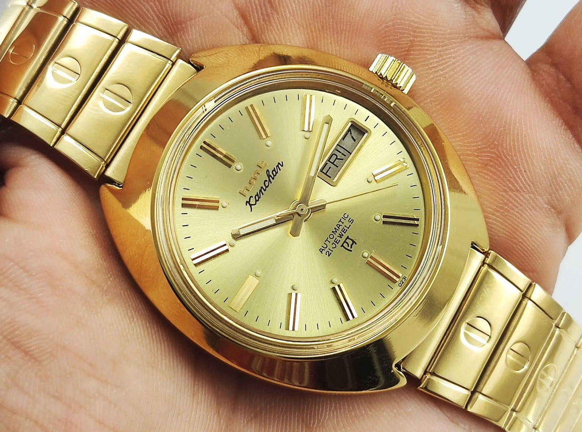 HMT Kanchan Para Shock Watch - Timeless Mechanical Luxury with Golden Dial