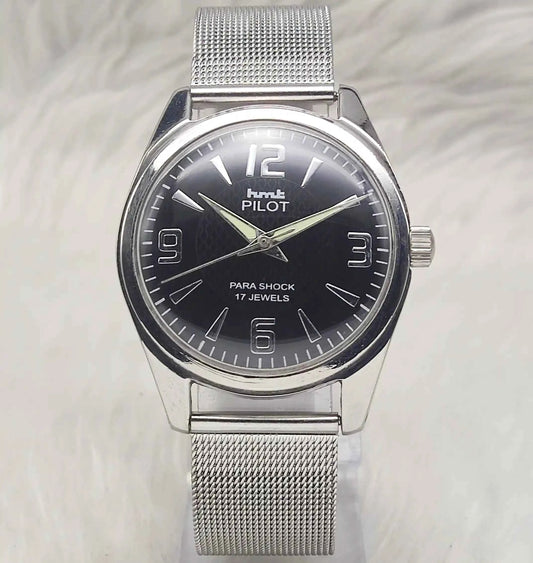 HMT Pilot Men's Watch - 17 Jewels Black Dial Handwinding with Numerals Indices