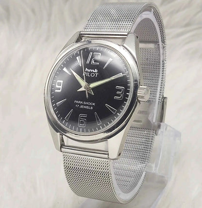 HMT Pilot Men's Watch - 17 Jewels Black Dial Handwinding with Numerals Indices