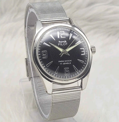 HMT Pilot Men's Watch - 17 Jewels Black Dial Handwinding with Numerals Indices