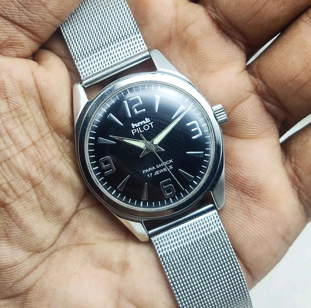 HMT Pilot Men's Watch - 17 Jewels Black Dial Handwinding with Numerals Indices
