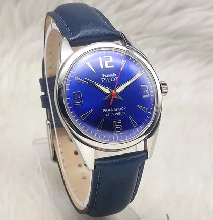 HMT Pilot Men's Watch - 17 Jewels Blue Dial, Handwinding with Stick Numerals Indices