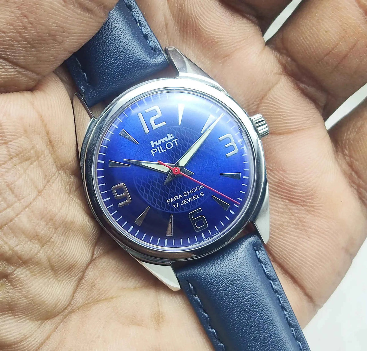 HMT Pilot Men's Watch - 17 Jewels Blue Dial, Handwinding with Stick Numerals Indices