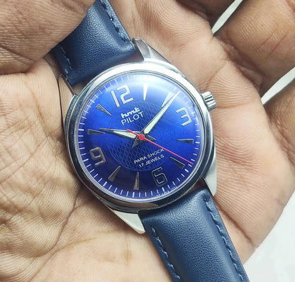 HMT Pilot Men's Watch - 17 Jewels Blue Dial, Handwinding with Stick Numerals Indices