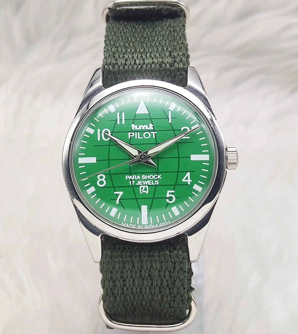 HMT Pilot Green Dial Watch - 17 Jewels Handwinding Men's Watch with English Numerals