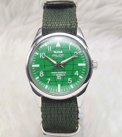 HMT Pilot Green Dial Watch - 17 Jewels Handwinding Men's Watch with English Numerals