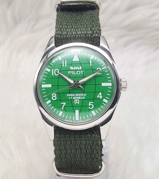 HMT Pilot Green Dial Watch - 17 Jewels Handwinding Men's Watch with English Numerals