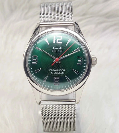 HMT Pilot Green Dial Men's Watch - 17 Jewels Handwinding with Numerals Indices