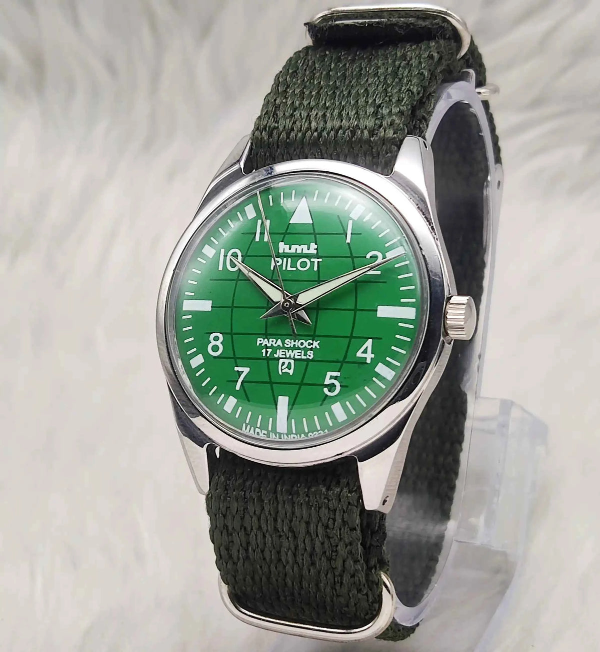 HMT Pilot Green Dial Watch - 17 Jewels Handwinding Men's Watch with English Numerals