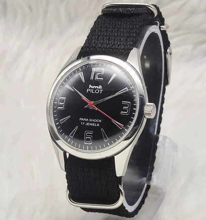 HMT Pilot Men's Watch 17 Jewels Black Dial - Handwinding with English Numerals