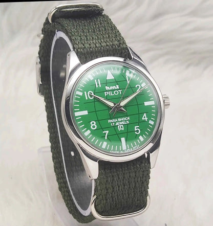 HMT Pilot Green Dial Watch - 17 Jewels Handwinding Men's Watch with English Numerals