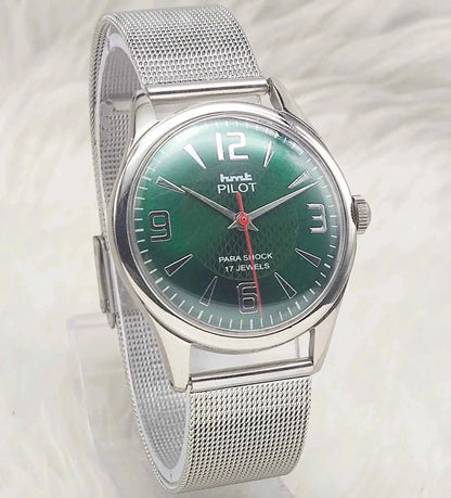 HMT Pilot Green Dial Men's Watch - 17 Jewels Handwinding with Numerals Indices