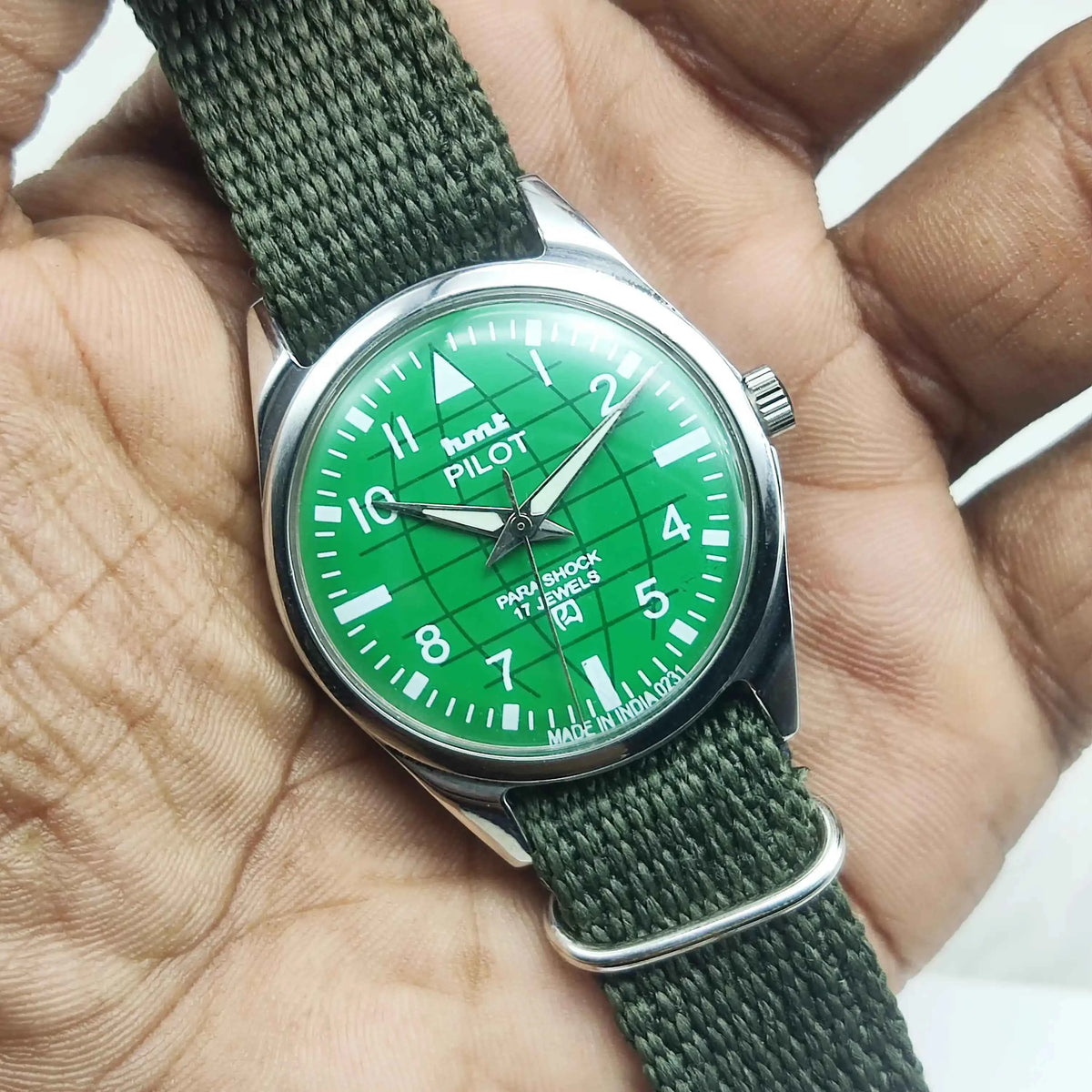 HMT Pilot Green Dial Watch - 17 Jewels Handwinding Men's Watch with English Numerals