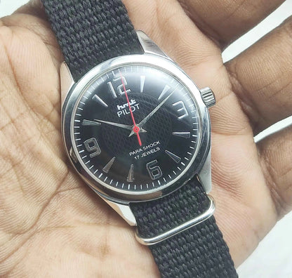 HMT Pilot Men's Watch 17 Jewels Black Dial - Handwinding with English Numerals