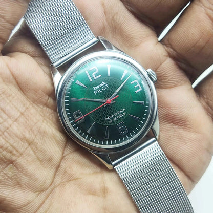 HMT Pilot Green Dial Men's Watch - 17 Jewels Handwinding with Numerals Indices
