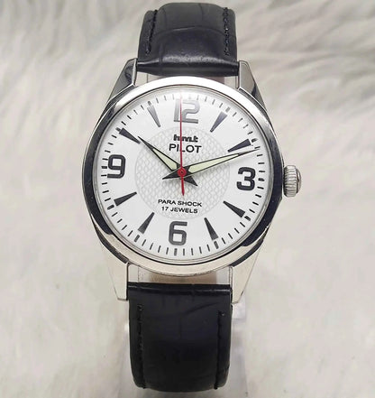 HMT Pilot Men's Watch - 17 Jewels White Dial with Stick Numerals Indices