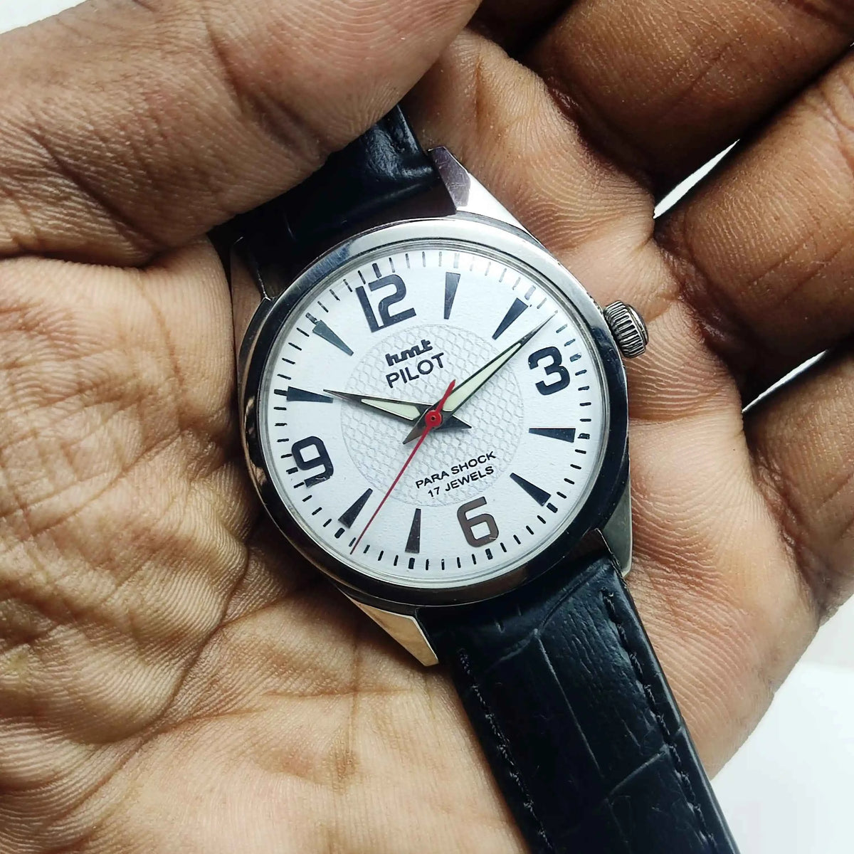 HMT Pilot Men's Watch - 17 Jewels White Dial with Stick Numerals Indices