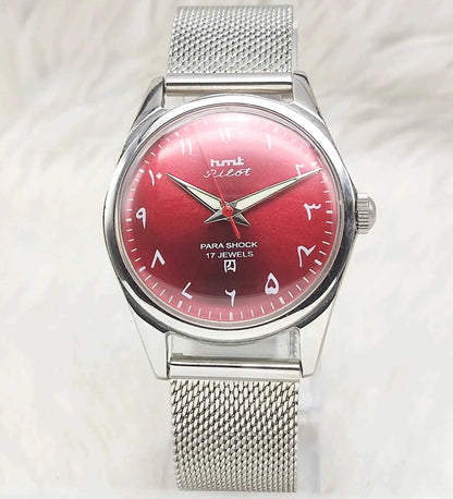 HMT Pilot Arabic Font Watch in Red Apple Color Dial with 17 Jewels Handwinding Mechanism