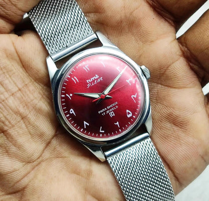 HMT Pilot Arabic Font Watch in Red Apple Color Dial with 17 Jewels Handwinding Mechanism