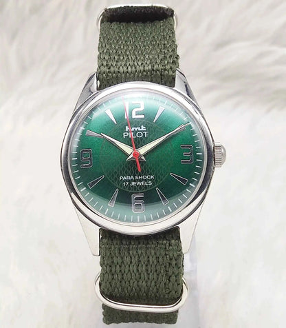 HMT Pilot Stick Watch - English Green Apple Dial, 17 Jewels, Handwinding