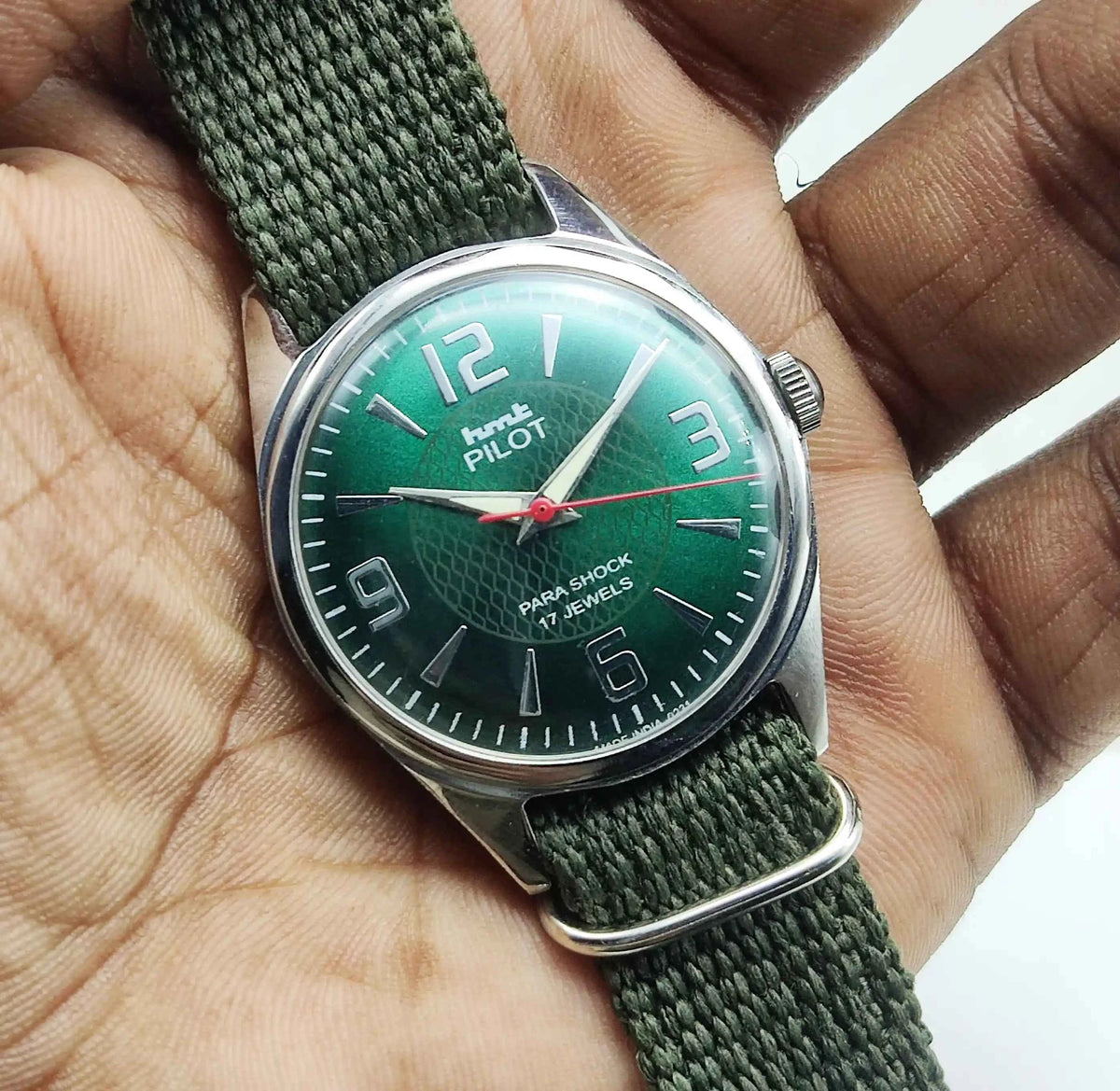 HMT Pilot Stick Watch - English Green Apple Dial, 17 Jewels, Handwinding