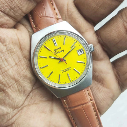 HMT Tareeq Para Shock Watch - 17 Jewels Mechanical Handwinding with Yellow Dial and Day Function