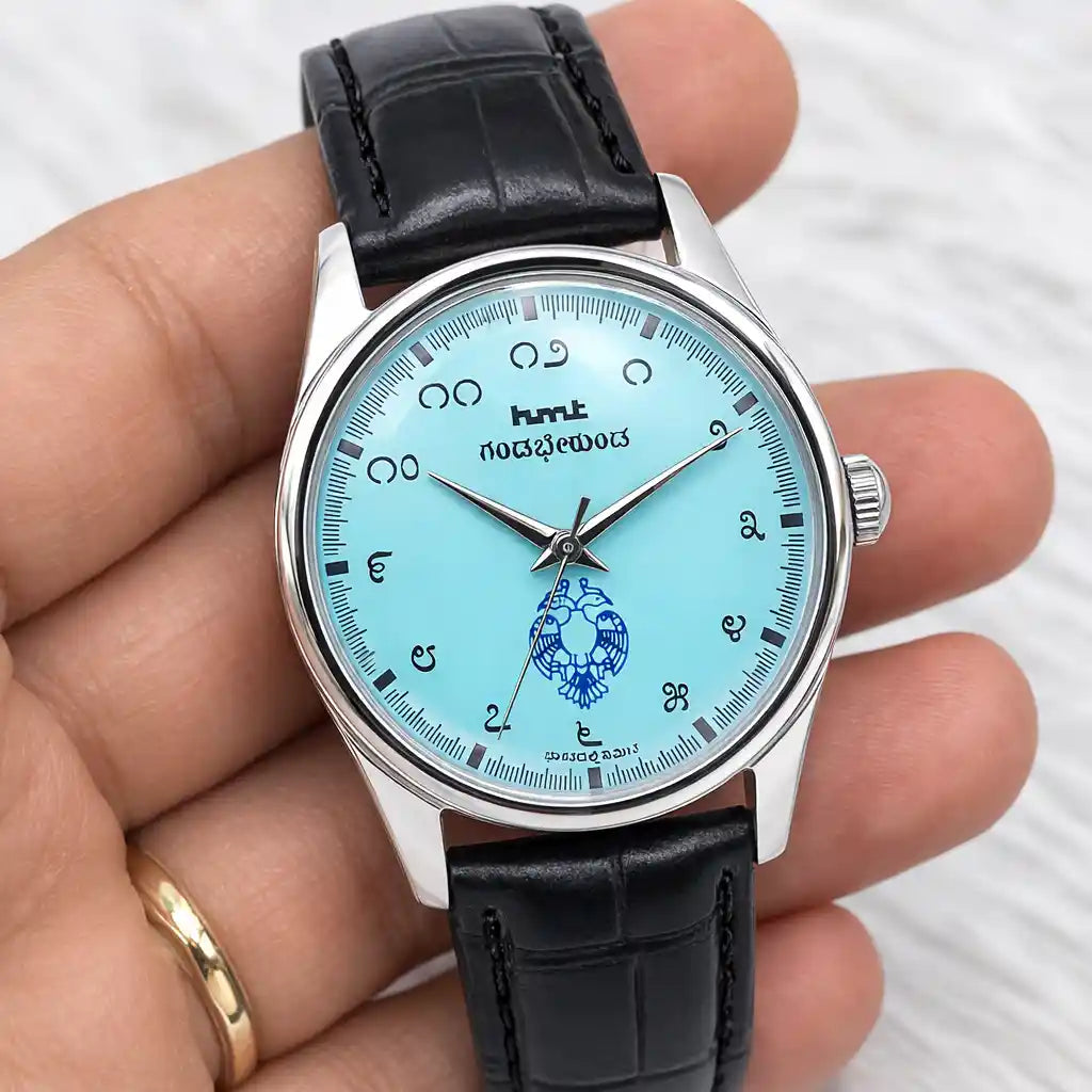 HMT Gandaberunda Mechanical Watch - Elegant Turquoise Dial with Stylish Kannada Numerals