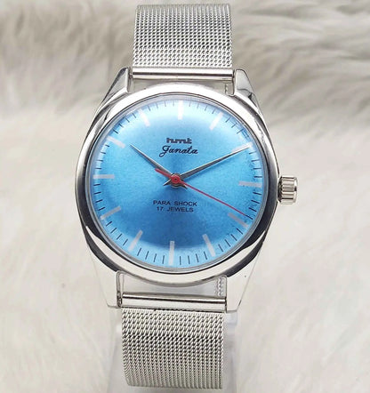 HMT Janata 0231 Watch - Elegant Handwinding Timepiece with 17 Jewels and Sky Bluish Dial