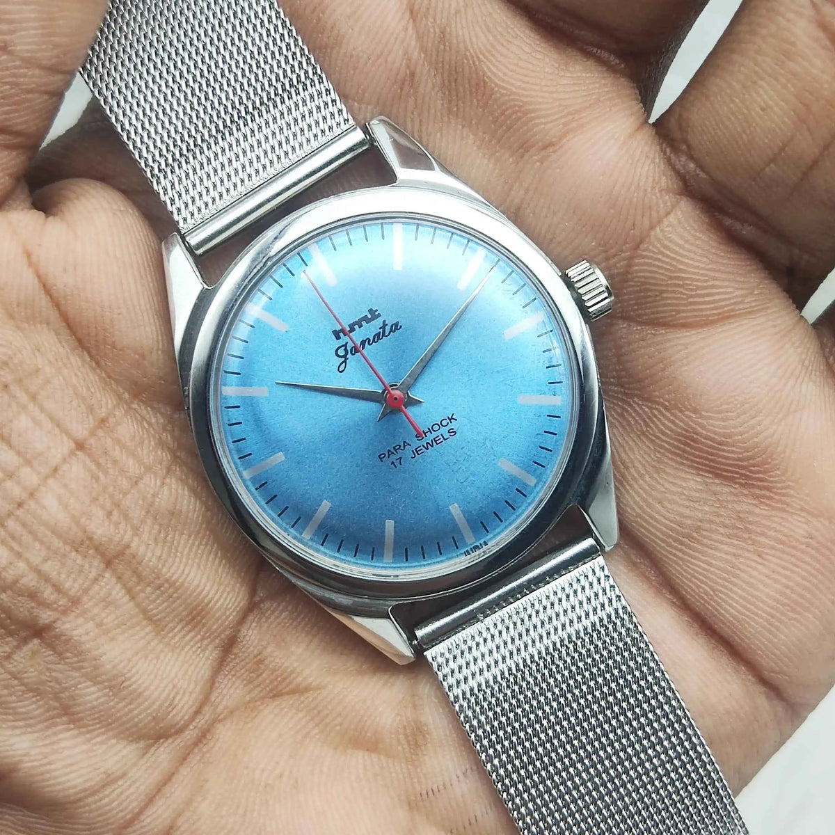 HMT Janata 0231 Watch - Elegant Handwinding Timepiece with 17 Jewels and Sky Bluish Dial