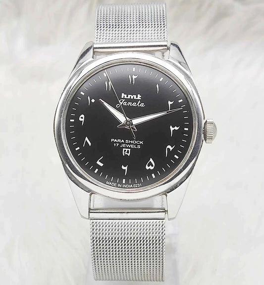HMT Janata Handwinding Watch with 17 Jewels and Black Dial Arabic Numerals