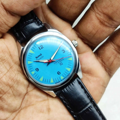 HMT Janata Handwinding Watch - English Numerals Sky Blue Dial, 17 Jewels