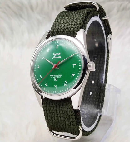 HMT Janata Handwinding Watch with 17 Jewels, Green Dial & Arabic Font