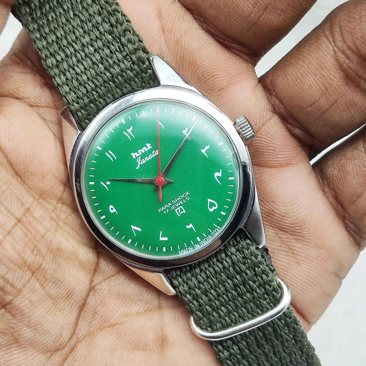 HMT Janata Handwinding Watch with 17 Jewels, Green Dial & Arabic Font