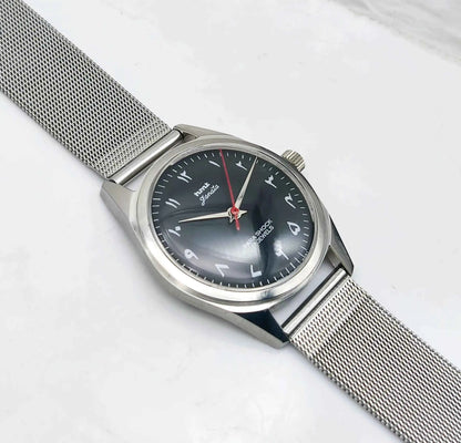 HMT Janata Handwinding Men's Watch with Black Dial Arabic Font and Transparent Back, 17 Jewels