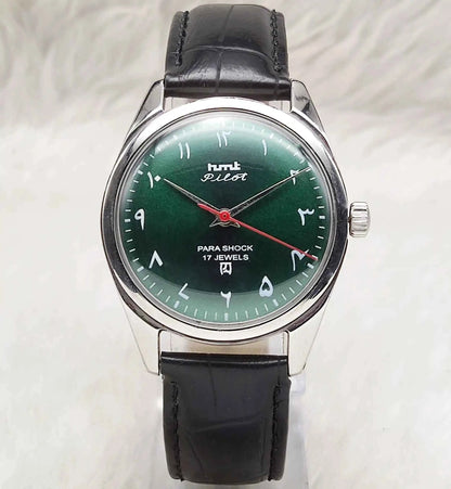 HMT Pilot Handwinding Watch with Green Arabic Numerals and 17 Jewels