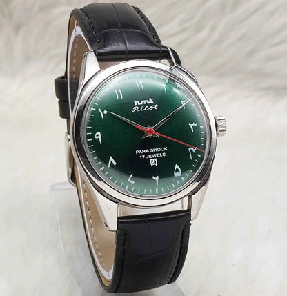 HMT Pilot Handwinding Watch with Green Arabic Numerals and 17 Jewels