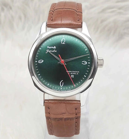 HMT Janata Handwinding Watch with Apple Green Dial and Transparent Back - 17 Jewels