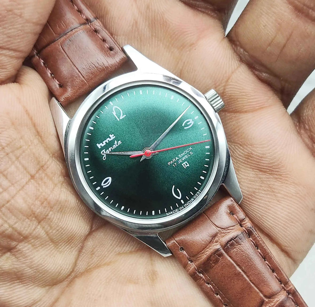 HMT Janata Handwinding Watch with Apple Green Dial and Transparent Back - 17 Jewels