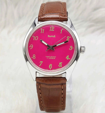 HMT Handwinding Men's Watch with Pink Dial and English Numerals - 17 Jewels