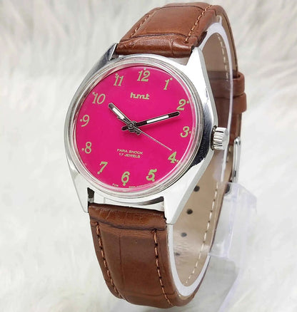 HMT Handwinding Men's Watch with Pink Dial and English Numerals - 17 Jewels