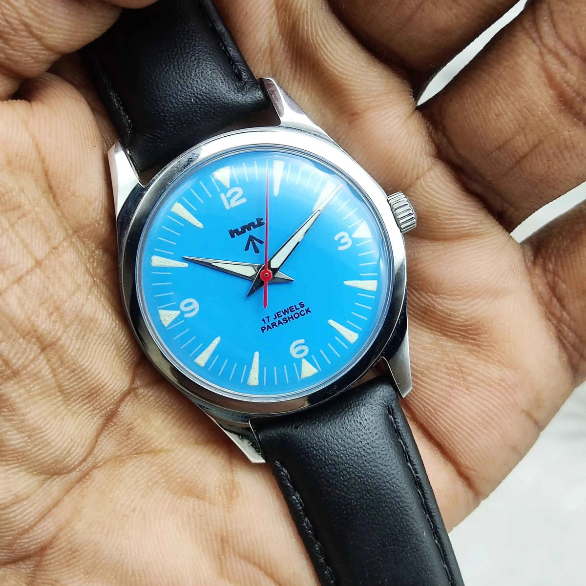 HMT Janata Handwinding Watch with Sky Blue Dial, 17 Jewels, and Transparent Back