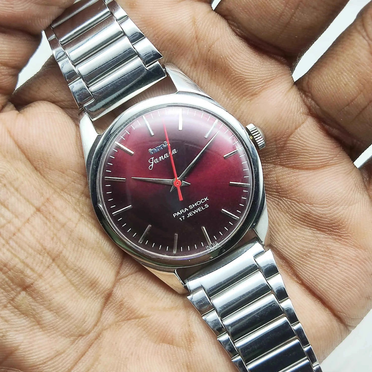 HMT Janata Men's Watch - Maroon Dial, Stick Indices, 17 Jewels Para Shock