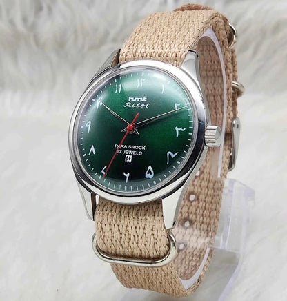 HMT Pilot Mechanical Handwinding Watch with Green Arabic Numerals and 17 Jewels Dial
