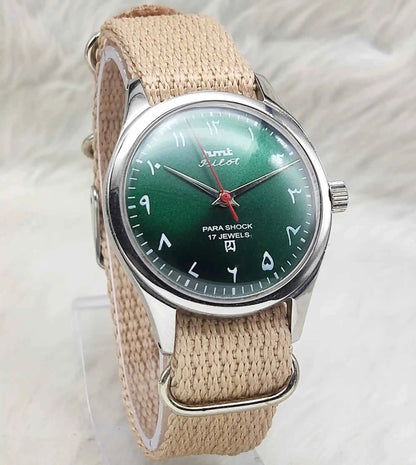 HMT Pilot Mechanical Handwinding Watch with Green Arabic Numerals and 17 Jewels Dial