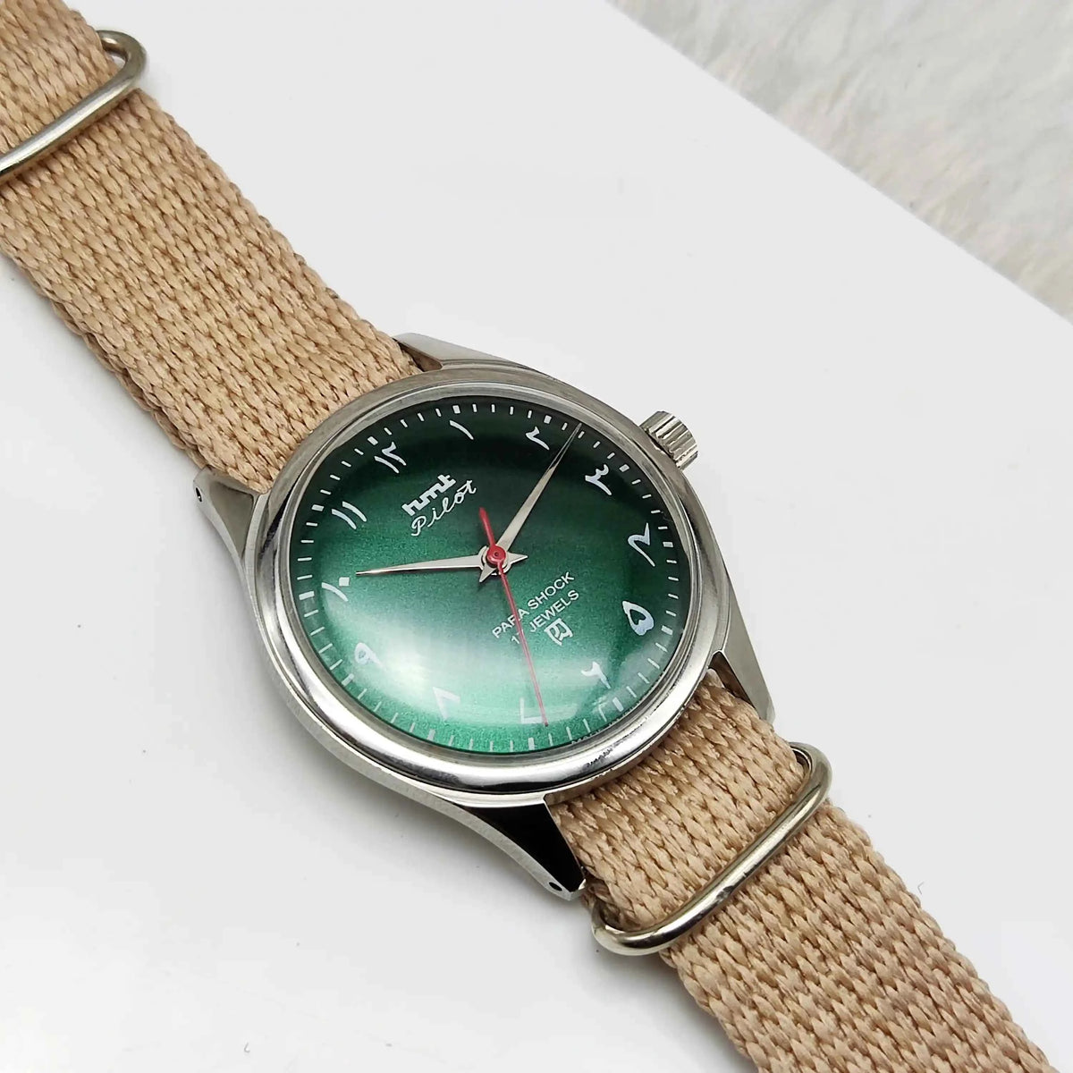 HMT Pilot Mechanical Handwinding Watch with Green Arabic Numerals and 17 Jewels Dial