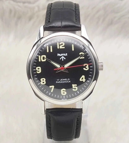 HMT Mechanical Handwinding Watch: Timeless Black Dial with Transparent Back