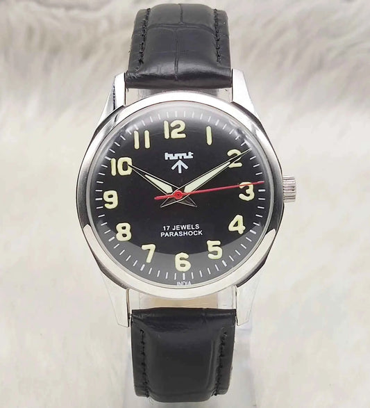HMT Mechanical Handwinding Watch: Timeless Black Dial with Transparent Back
